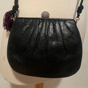 Vintage Judith Leiber Black Lizard Silver Antique Crystal Top Clutch